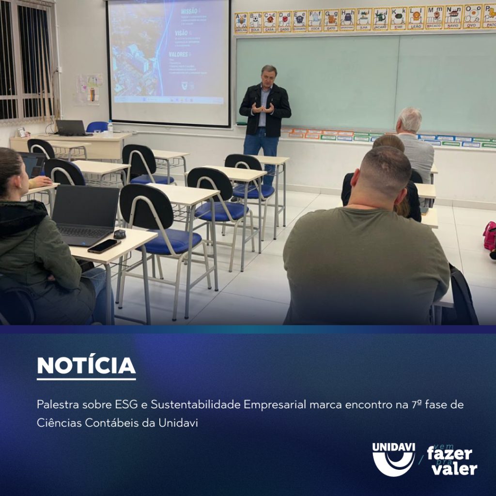 Palestra sobre ESG e Sustentabilidade Empresarial marca encontro na 7ª fase de Ciências Contábeis da Unidavi