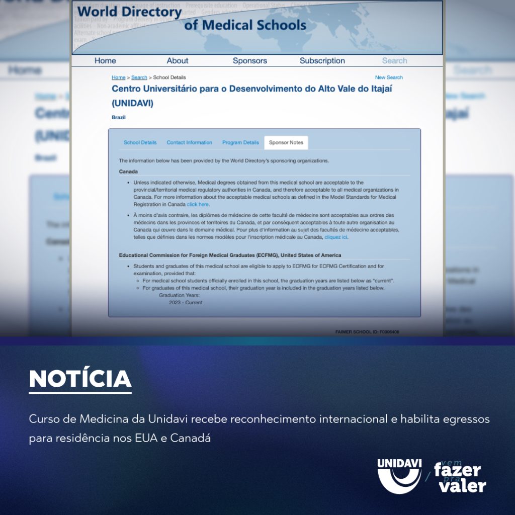 Curso de Medicina da Unidavi recebe reconhecimento internacional e habilita egressos para residência nos EUA e Canadá