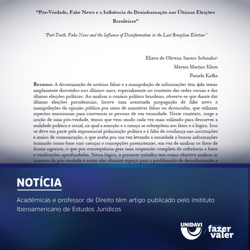 Acadêmicas e professor de Direito têm artigo publicado pelo Instituto Iberoamericano de Estudos Jurídicos